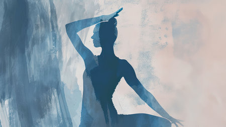 Capturing a moment of calm and tranquility with a silhouette of a woman doing yoga in the middle of an inviting natural landscapeの素材