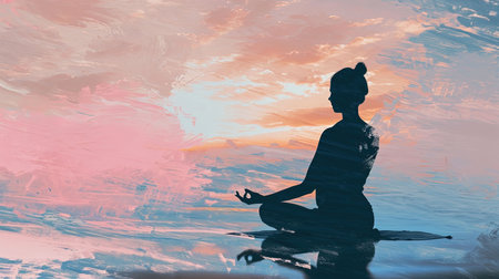 Capturing a moment of calm and tranquility with a silhouette of a woman doing yoga in the middle of an inviting natural landscapeの素材