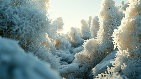 Experience the mesmerizing beauty of a winter wonderland with organic natureinspired forms in this stunning digital image Let yourself be transported into a magical world of unreal engine 5 rendered in cinema4d Immerse yourself in the Norwegian nature with this experimental video artの素材