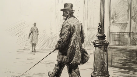 Inspirational drawing depicting a man walking the streets of New York in the year 1850の素材