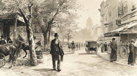 Inspirational drawing depicting a man walking the streets of New York in the year 1850の素材