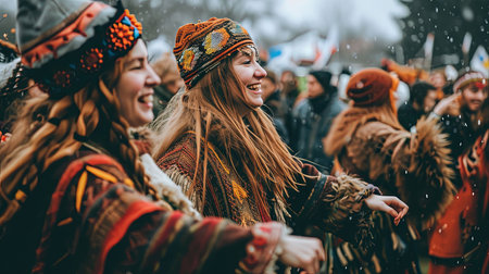 A celebration of global diversity through traditional clothing food cultural festivities and unity Join the chaos of this vibrant street festivalの素材