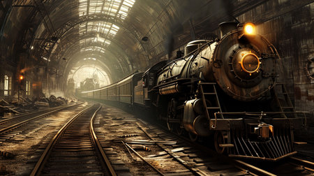 A captivating digital image showcasing vintage locomotives racing on warp speed rails through different historical eras clockwork stations and temporal platforms An enchanting artwork that represents the chaos and adventure of timetraveling Job ID f05e7da5162847c7bf88f3fe02306aa7の素材