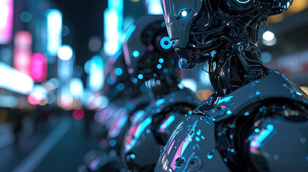 A glimpse into the future with advanced robotics and AI seamlessly integrated into our lives Humanoid robots engaging with people AIdriven systems in public spaces and a focus on ethical AI practicesの素材