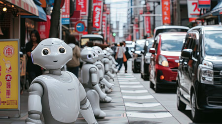 A glimpse into the future with advanced robotics and AI seamlessly integrated into our lives Humanoid robots engaging with people AIdriven systems in public spaces and a focus on ethical AI practicesの素材