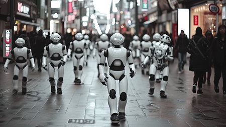 A glimpse into the future with advanced robotics and AI seamlessly integrated into our lives Humanoid robots engaging with people AIdriven systems in public spaces and a focus on ethical AI practicesの素材