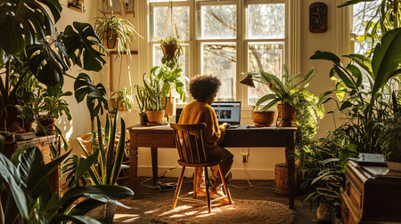 Create your perfect worklife balance with this cozy and stylish home office setup Embrace the natural light in a lightfilled room while engaging in a video conference as a digital nomad The elegant workspace design elements enhance productivity and bring harmony to your work environmentの素材