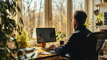 Create your perfect worklife balance with this cozy and stylish home office setup Embrace the natural light in a lightfilled room while engaging in a video conference as a digital nomad The elegant workspace design elements enhance productivity and bring harmony to your work environmentの素材