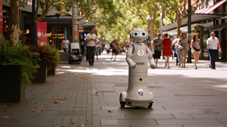 A glimpse into the future with advanced robotics and AI seamlessly integrated into our lives Humanoid robots engaging with people AIdriven systems in public spaces and a focus on ethical AI practicesの素材