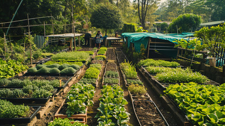 Inspiring urban farming scene with vertical gardens hydroponic systems and community garden initiatives Witness sustainable food production and local produce cultivationの素材