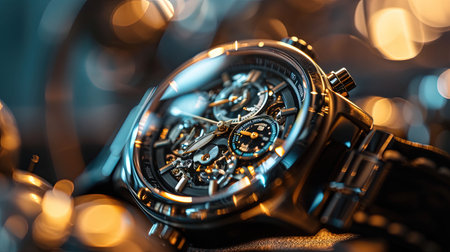 A mesmerizing closeup image of a luxury watch revealing its sleek design and intricate dials The reflective surfaces and fine craftsmanship are enhanced by soft focused lighting showcasing the shimmer and detail of the watch face and strapの素材
