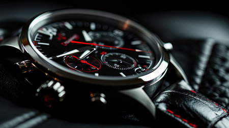 A mesmerizing closeup image of a luxury watch revealing its sleek design and intricate dials The reflective surfaces and fine craftsmanship are enhanced by soft focused lighting showcasing the shimmer and detail of the watch face and strapの素材