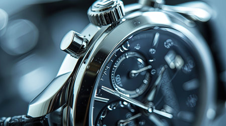 A mesmerizing closeup image of a luxury watch revealing its sleek design and intricate dials The reflective surfaces and fine craftsmanship are enhanced by soft focused lighting showcasing the shimmer and detail of the watch face and strapの素材