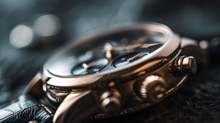 A mesmerizing closeup image of a luxury watch revealing its sleek design and intricate dials The reflective surfaces and fine craftsmanship are enhanced by soft focused lighting showcasing the shimmer and detail of the watch face and strapの素材