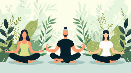 Discover inner peace with this tranquil setting where individuals practice meditation surrounded by symbols of selfcare and wellness Promote mental health awareness and find serenity in this serene environmentの素材