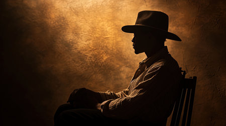 A deeply emotive scene with dramatic chiaroscuro lighting conveys a sense of depth character and introspectionの素材