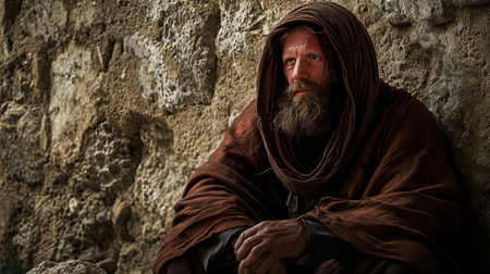 A deeply emotive scene with dramatic chiaroscuro lighting conveys a sense of depth character and introspectionの素材