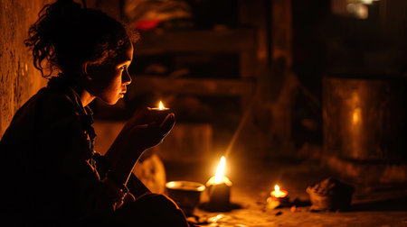 A deeply emotive scene with dramatic chiaroscuro lighting conveys a sense of depth character and introspectionの素材