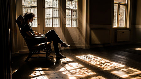 A deeply emotive scene with dramatic chiaroscuro lighting conveys a sense of depth character and introspectionの素材