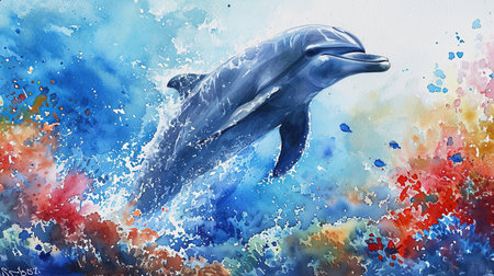 Capture the joy and freedom of a playful dolphin leaping amidst dynamic water splashes in this vibrant watercolor image The colorful coral reef mosaic serves as a dreamy backdrop enhancing the fluid quality of the artwork Dive into the enchanting underwater world with this lively depiction of marine lifeの素材