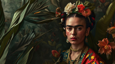 An intense introspective gaze surrounded by vibrant Mexican motifs exotic plants animals and cultural icons capturing Frida Kahlo's style of surrealism symbolism and personal narrativeの素材