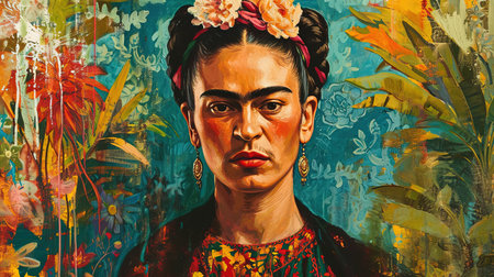 An intense introspective gaze surrounded by vibrant Mexican motifs exotic plants animals and cultural icons capturing Frida Kahlo's style of surrealism symbolism and personal narrativeの素材