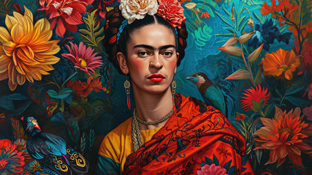 An intense introspective gaze surrounded by vibrant Mexican motifs exotic plants animals and cultural icons capturing Frida Kahlo's style of surrealism symbolism and personal narrativeの素材