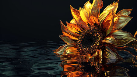 A mesmerizing portrayal of a sunflower in the style of a single object radiating a light yellow and orange hue The transparenttranslucent medium adds an ethereal touch to this artwork Set against a dark background the image captivates with its sleekness and subtle reflectionsの素材