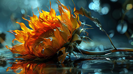 A mesmerizing portrayal of a sunflower in the style of a single object radiating a light yellow and orange hue The transparenttranslucent medium adds an ethereal touch to this artwork Set against a dark background the image captivates with its sleekness and subtle reflectionsの素材