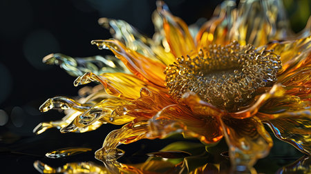 A mesmerizing portrayal of a sunflower in the style of a single object radiating a light yellow and orange hue The transparenttranslucent medium adds an ethereal touch to this artwork Set against a dark background the image captivates with its sleekness and subtle reflectionsの素材