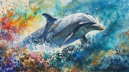 Capture the joy and freedom of a playful dolphin leaping amidst dynamic water splashes in this vibrant watercolor image The colorful coral reef mosaic serves as a dreamy backdrop enhancing the fluid quality of the artwork Dive into the enchanting underwater world with this lively depiction of marine lifeの素材