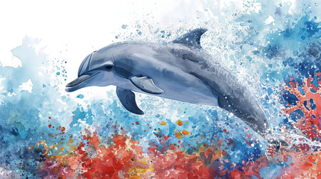 Capture the joy and freedom of a playful dolphin leaping amidst dynamic water splashes in this vibrant watercolor image The colorful coral reef mosaic serves as a dreamy backdrop enhancing the fluid quality of the artwork Dive into the enchanting underwater world with this lively depiction of marine lifeの素材