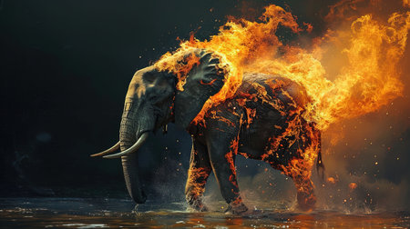 A mesmerizing image of an elephant engulfed in vibrant flames crafted with colorful biomorphic forms Igniting inspiration and capturing the luminosity of water this ethereal illustration showcases realistic details Typography artistry is seamlessly incorporated to enhance its allureの素材