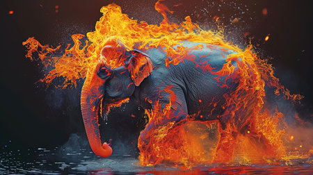 A mesmerizing image of an elephant engulfed in vibrant flames crafted with colorful biomorphic forms Igniting inspiration and capturing the luminosity of water this ethereal illustration showcases realistic details Typography artistry is seamlessly incorporated to enhance its allureの素材