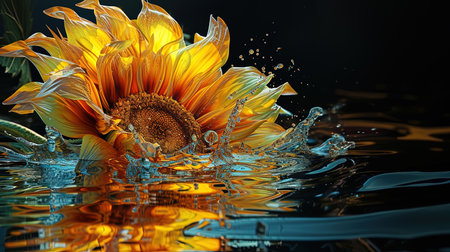 A mesmerizing portrayal of a sunflower in the style of a single object radiating a light yellow and orange hue The transparenttranslucent medium adds an ethereal touch to this artwork Set against a dark background the image captivates with its sleekness and subtle reflectionsの素材