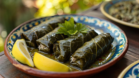 Experience the tantalizing flavors of Dolmades traditional grape leaves stuffed with a delectable mixture of rice minced meat and herbs This dish embodies cultural richness and communal dining perfect for a family meal Let the vibrant colors and glistening exterior of these perfectly formed rolls whet your appetite Garnished with lemon wedges this plate is a true feast for the eyes and tastebudsの素材