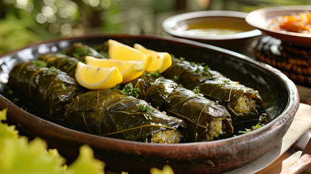Experience the tantalizing flavors of Dolmades traditional grape leaves stuffed with a delectable mixture of rice minced meat and herbs This dish embodies cultural richness and communal dining perfect for a family meal Let the vibrant colors and glistening exterior of these perfectly formed rolls whet your appetite Garnished with lemon wedges this plate is a true feast for the eyes and tastebudsの素材