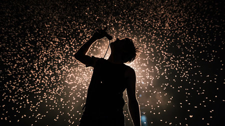 Enter the world of karaoke with this captivating image Feel the energy of the crowd and the warm stage lights as you immerse yourself in the presence of a professional singer Let the chaos of the pointillism style artwork mesmerize youの素材