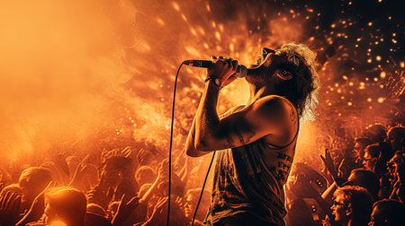 Enter the world of karaoke with this captivating image Feel the energy of the crowd and the warm stage lights as you immerse yourself in the presence of a professional singer Let the chaos of the pointillism style artwork mesmerize youの素材