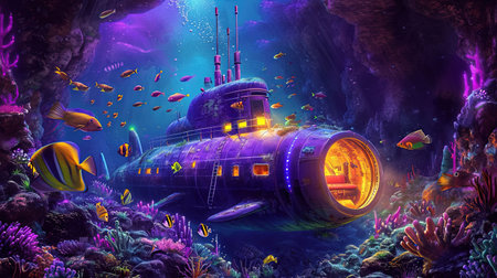 Embark on a thrilling journey as a submarine ventures through a majestic underwater canyon filled with enigmatic cave systems Witness the mesmerizing sight of colorful fish swarming around their vibrant hues illuminated by the submarines lights Feel the sense of exploration and the unknown as the submarine delves into uncharted depthsの素材