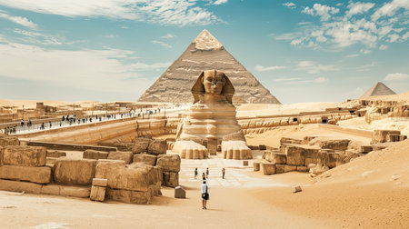 Capture the monumental scale and ancient grandeur of the Pyramids of Giza in Egypt Witness the timeless wonder and mystery of this breathtaking scene featuring the Sphinx golden hues of sunset and a clear blue skyの素材