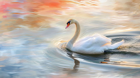 Evoke a sense of calm and elegance with a graceful swan gliding smoothly across the waters surface against a backdrop of a peaceful lake The impressionist brushstrokes convey softness and tranquility while the pastel hues of the surrounding landscape reflect in the water The setting sun adds to the serene ambienceの素材