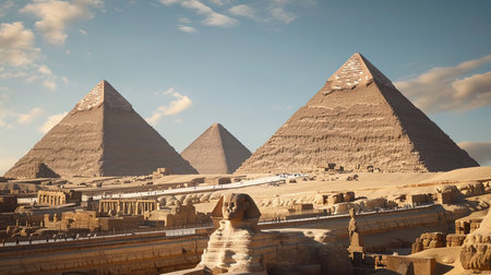 Capture the monumental scale and ancient grandeur of the Pyramids of Giza in Egypt Witness the timeless wonder and mystery of this breathtaking scene featuring the Sphinx golden hues of sunset and a clear blue skyの素材
