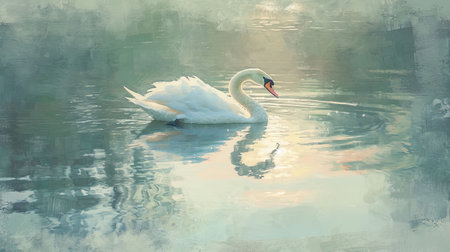 Evoke a sense of calm and elegance with a graceful swan gliding smoothly across the waters surface against a backdrop of a peaceful lake The impressionist brushstrokes convey softness and tranquility while the pastel hues of the surrounding landscape reflect in the water The setting sun adds to the serene ambienceの素材