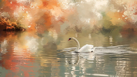 Evoke a sense of calm and elegance with a graceful swan gliding smoothly across the waters surface against a backdrop of a peaceful lake The impressionist brushstrokes convey softness and tranquility while the pastel hues of the surrounding landscape reflect in the water The setting sun adds to the serene ambienceの素材