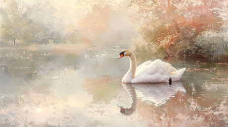 Evoke a sense of calm and elegance with a graceful swan gliding smoothly across the waters surface against a backdrop of a peaceful lake The impressionist brushstrokes convey softness and tranquility while the pastel hues of the surrounding landscape reflect in the water The setting sun adds to the serene ambienceの素材