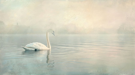 Evoke a sense of calm and elegance with a graceful swan gliding smoothly across the waters surface against a backdrop of a peaceful lake The impressionist brushstrokes convey softness and tranquility while the pastel hues of the surrounding landscape reflect in the water The setting sun adds to the serene ambienceの素材