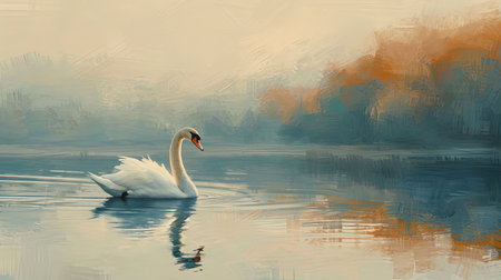Evoke a sense of calm and elegance with a graceful swan gliding smoothly across the waters surface against a backdrop of a peaceful lake The impressionist brushstrokes convey softness and tranquility while the pastel hues of the surrounding landscape reflect in the water The setting sun adds to the serene ambienceの素材