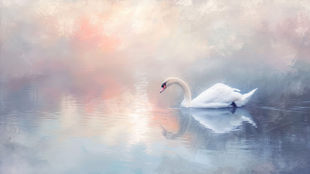 Evoke a sense of calm and elegance with a graceful swan gliding smoothly across the waters surface against a backdrop of a peaceful lake The impressionist brushstrokes convey softness and tranquility while the pastel hues of the surrounding landscape reflect in the water The setting sun adds to the serene ambienceの素材