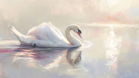 Evoke a sense of calm and elegance with a graceful swan gliding smoothly across the waters surface against a backdrop of a peaceful lake The impressionist brushstrokes convey softness and tranquility while the pastel hues of the surrounding landscape reflect in the water The setting sun adds to the serene ambienceの素材